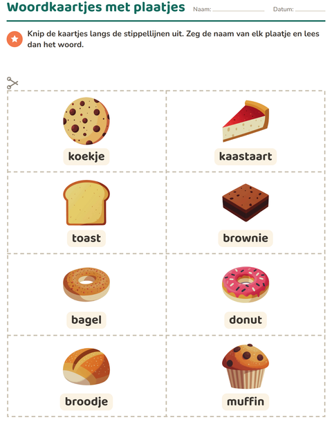Voorbeeld van het Woordkaartjes-werkblad met Bakkerij voor kleuterklas