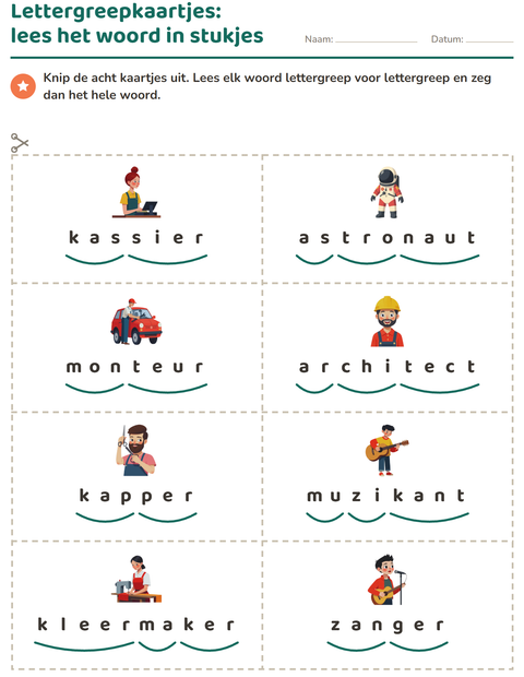 Voorbeeld van het Woordkaartjes-werkblad met Beroepen voor groep 3