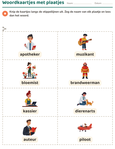 Voorbeeld van het Woordkaartjes-werkblad met Beroepen voor kleuterklas