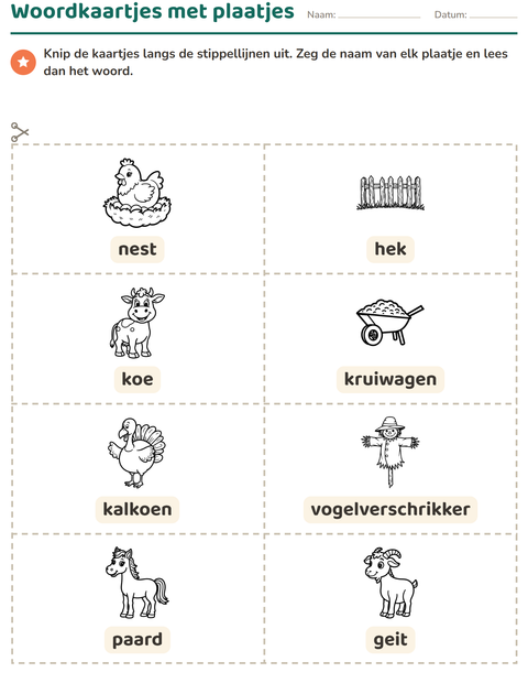 Voorbeeld van het Woordkaartjes-werkblad met Boerderij ZW voor kleuterklas