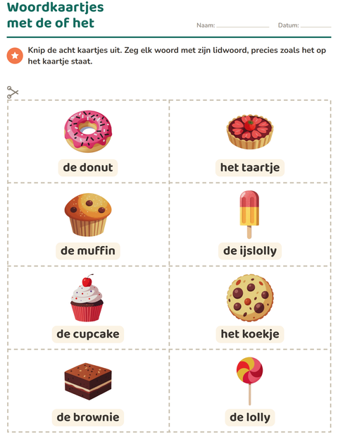 Voorbeeld van het Woordkaartjes-werkblad met Desserts en snoep voor kleuterklas