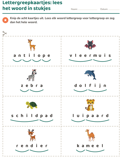 Voorbeeld van Lettergreepkaartjes: lees het woord in stukjes