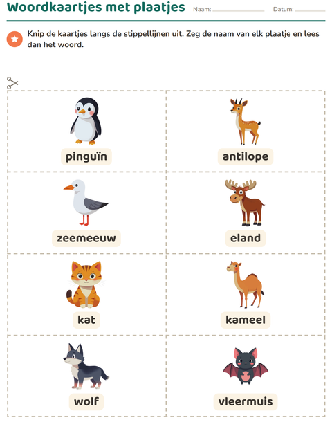 Woordkaartjes met plaatjes: dieren
