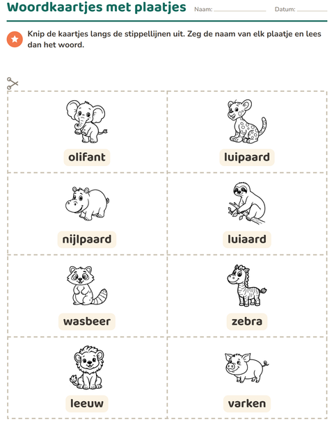 Voorbeeld van het Woordkaartjes-werkblad met Dieren ZW 2 voor kleuterklas