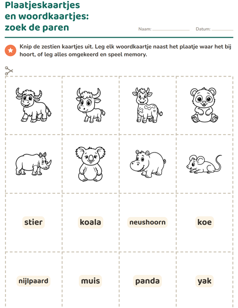 Voorbeeld van het Woordkaartjes-werkblad met Dieren ZW 2 voor kleuterklas