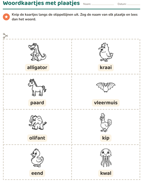 Voorbeeld van het Woordkaartjes-werkblad met Dieren ZW 3 voor kleuterklas