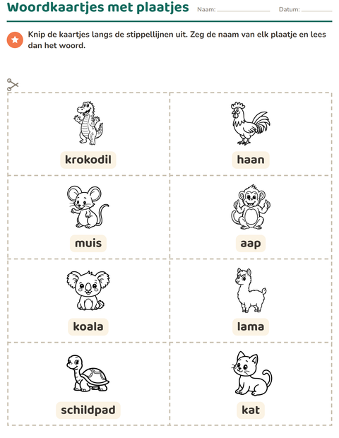 Voorbeeld van het Woordkaartjes-werkblad met Dieren ZW 4 voor kleuterklas