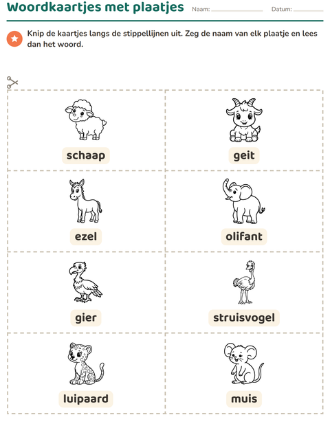 Voorbeeld van het Woordkaartjes-werkblad met Dieren ZW 5 voor kleuterklas