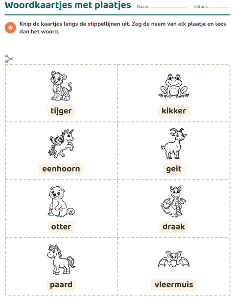 Voorbeeld van het Woordkaartjes-werkblad met Dieren ZW voor kleuterklas
