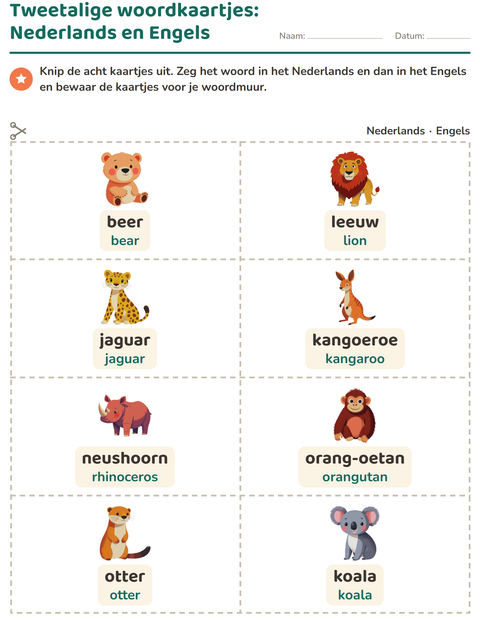 Voorbeeld van het Woordkaartjes-werkblad met Dierentuindieren voor kleuterklas