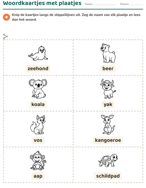 Voorbeeld van het Woordkaartjes-werkblad met Dierentuindieren ZW voor kleuterklas