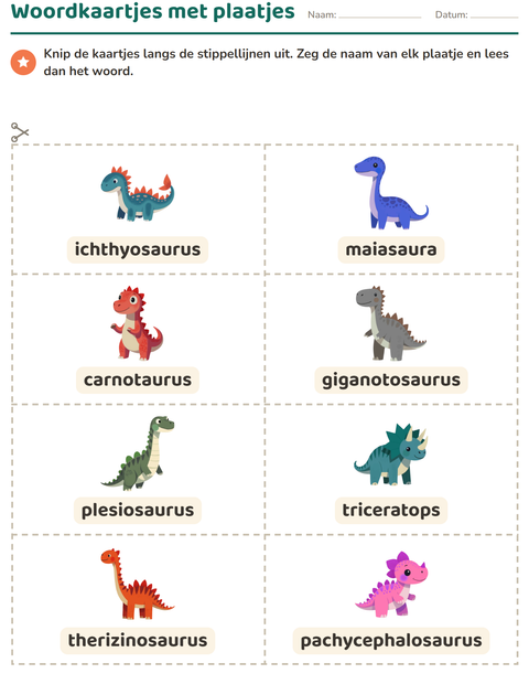 Voorbeeld van het Woordkaartjes-werkblad met Dinosaurussen voor kleuterklas