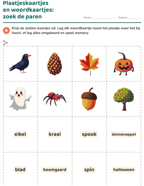 Voorbeeld van het Woordkaartjes-werkblad met Diversen voor kleuterklas