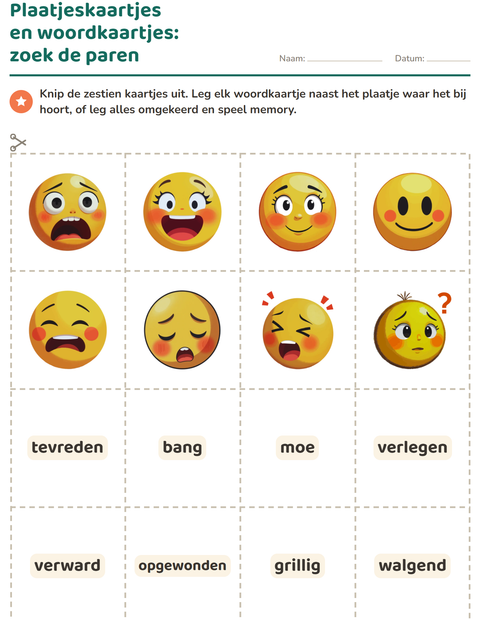 Voorbeeld van het Woordkaartjes-werkblad met Emoties voor kleuterklas