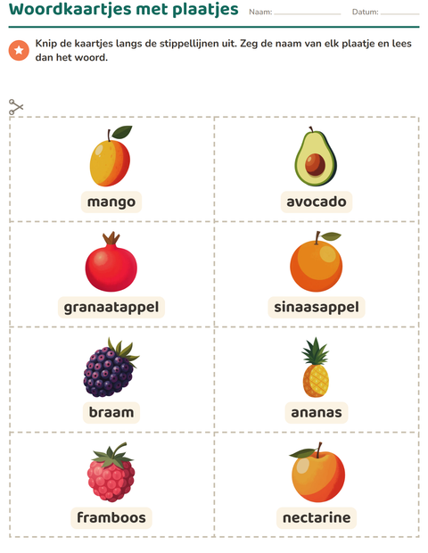 Voorbeeld van het Woordkaartjes-werkblad met Fruit voor kleuterklas
