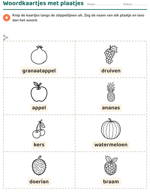 Voorbeeld van het Woordkaartjes-werkblad met Fruit ZW voor kleuterklas