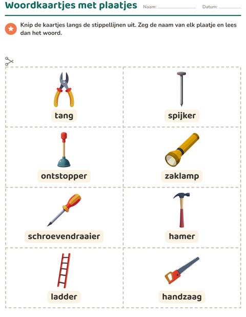 Voorbeeld van het Woordkaartjes-werkblad met Gereedschap voor kleuterklas