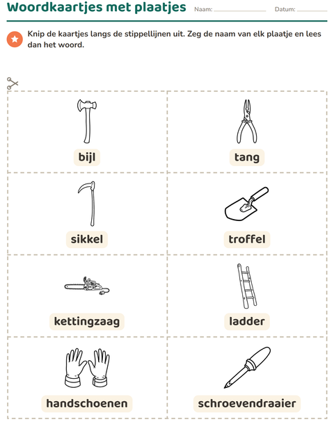 Voorbeeld van het Woordkaartjes-werkblad met Gereedschap ZW voor kleuterklas