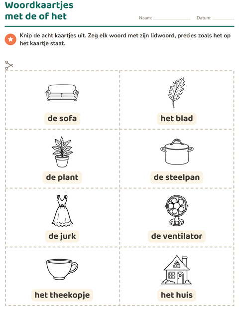 Voorbeeld van het Woordkaartjes-werkblad met Huis en Natuur ZW voor kleuterklas
