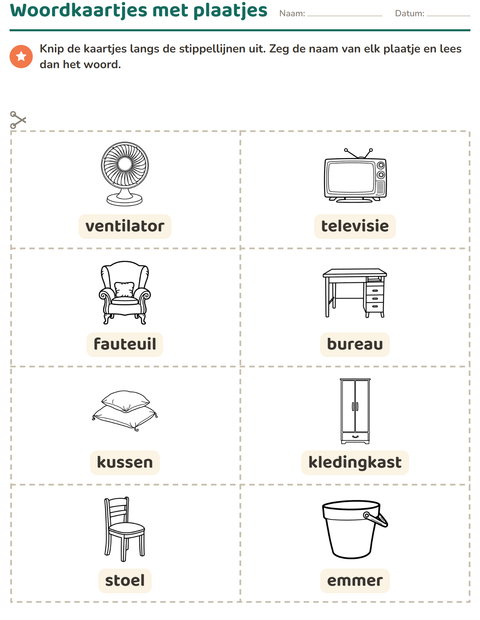 Voorbeeld van het Woordkaartjes-werkblad met Huis ZW 2 voor kleuterklas