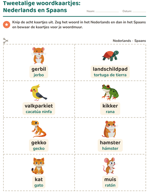 Voorbeeld van het Woordkaartjes-werkblad met Huisdieren voor kleuterklas
