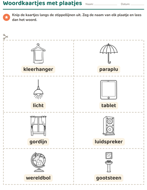 Voorbeeld van het Woordkaartjes-werkblad met Huishouden ZW voor kleuterklas