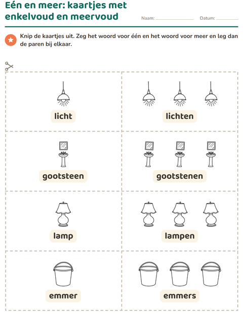 Voorbeeld van het Woordkaartjes-werkblad met Huishouden ZW voor kleuterklas