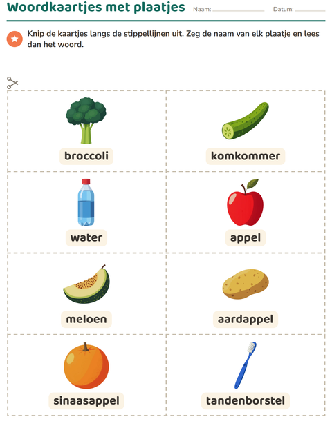 Voorbeeld van het Woordkaartjes-werkblad met In de supermarkt voor kleuterklas