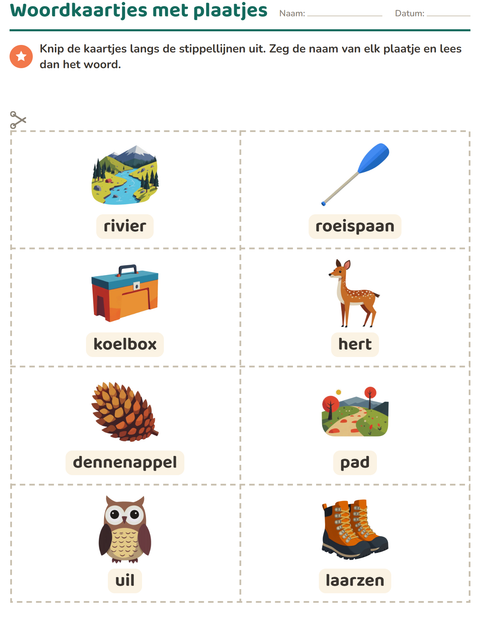 Voorbeeld van het Woordkaartjes-werkblad met Kamperen voor kleuterklas