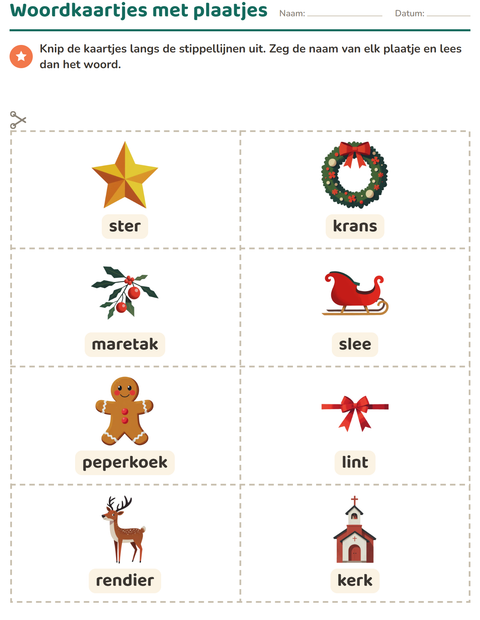 Voorbeeld van het Woordkaartjes-werkblad met Kerstmis voor kleuterklas