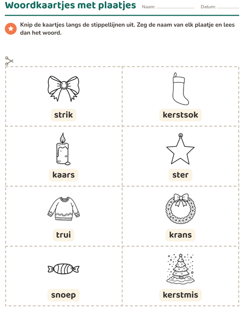 Voorbeeld van het Woordkaartjes-werkblad met Kerstmis Z/W voor kleuterklas