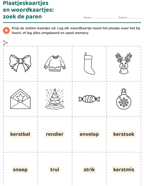Voorbeeld van het Woordkaartjes-werkblad met Kerstmis Z/W voor kleuterklas
