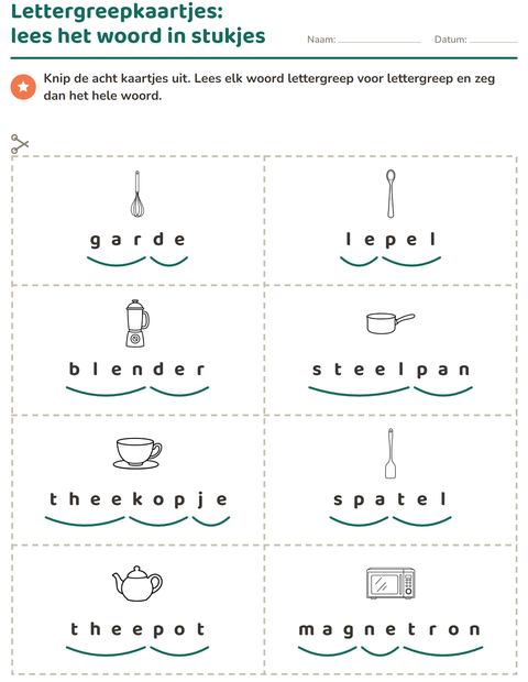 Voorbeeld van het Woordkaartjes-werkblad met Keuken ZW voor groep 3
