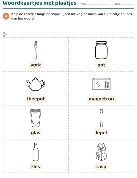 Voorbeeld van het Woordkaartjes-werkblad met Keuken ZW voor kleuterklas