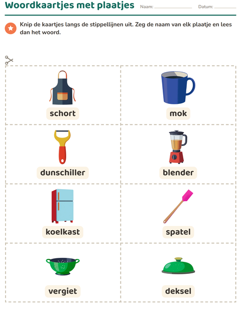 Voorbeeld van het Woordkaartjes-werkblad met Keukengerei voor kleuterklas