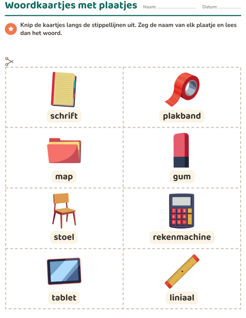 Voorbeeld van het Woordkaartjes-werkblad met Klaslokaal voor kleuterklas