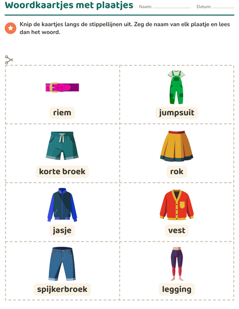 Voorbeeld van het Woordkaartjes-werkblad met Kleding voor kleuterklas