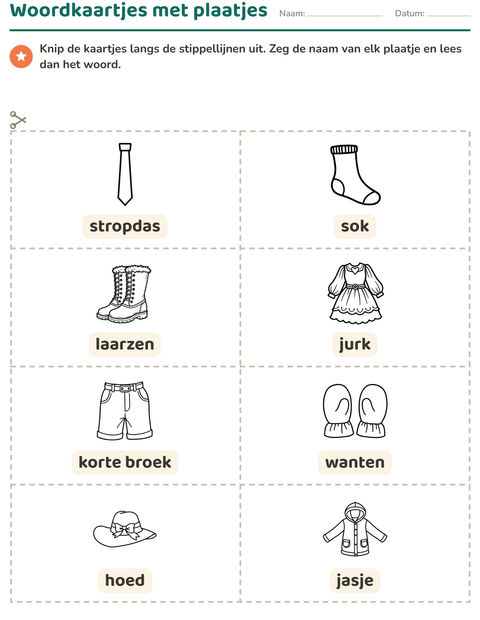 Voorbeeld van het Woordkaartjes-werkblad met Kleding ZW voor kleuterklas