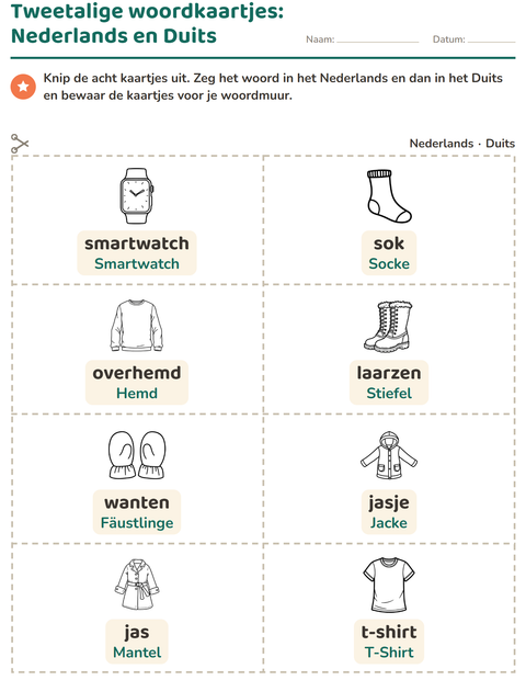 Voorbeeld van het Woordkaartjes-werkblad met Kleding ZW voor kleuterklas