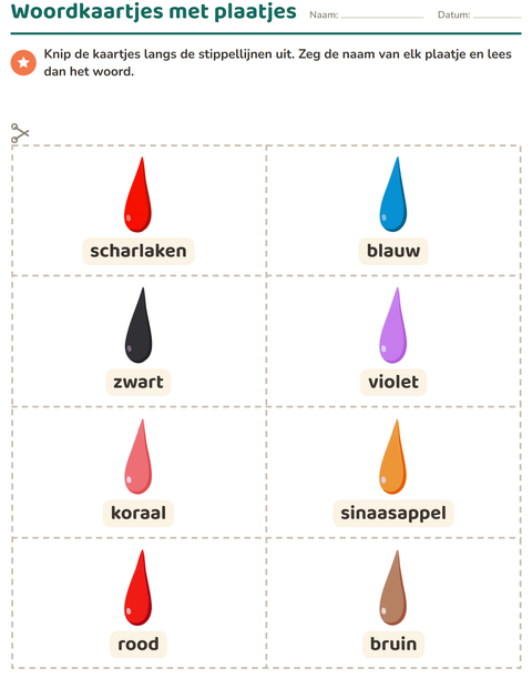 Voorbeeld van het Woordkaartjes-werkblad met Kleuren voor kleuterklas