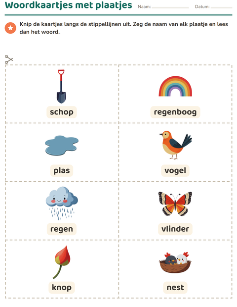 Voorbeeld van het Woordkaartjes-werkblad met Lente voor kleuterklas