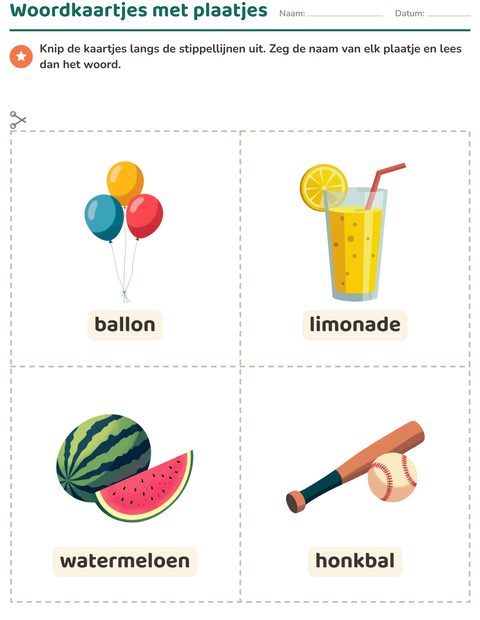 Voorbeeld van het Woordkaartjes-werkblad met 4 juli voor kleuterklas