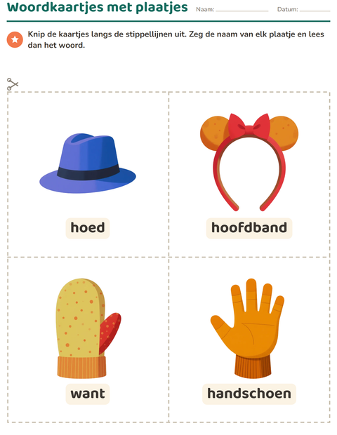 Voorbeeld van het Woordkaartjes-werkblad met Accessoires voor kleuterklas