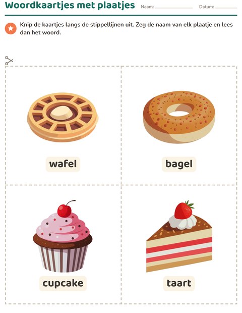Voorbeeld van het Woordkaartjes-werkblad met Bakkerij voor kleuterklas