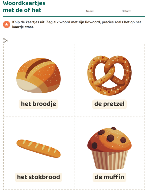 Voorbeeld van het Woordkaartjes-werkblad met Bakkerij voor kleuterklas