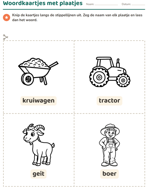Voorbeeld van het Woordkaartjes-werkblad met Boerderij ZW voor kleuterklas