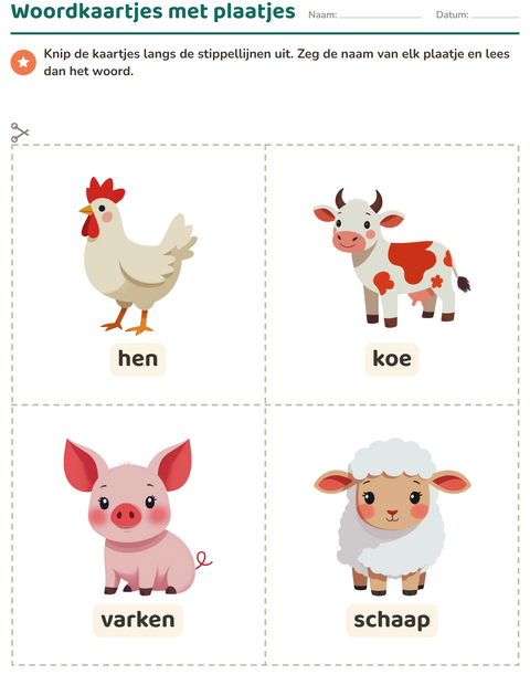 Voorbeeld van het Woordkaartjes-werkblad met Boerderijdieren voor kleuterklas