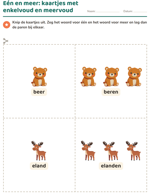 Voorbeeld van het Woordkaartjes-werkblad met Boswezens voor kleuterklas