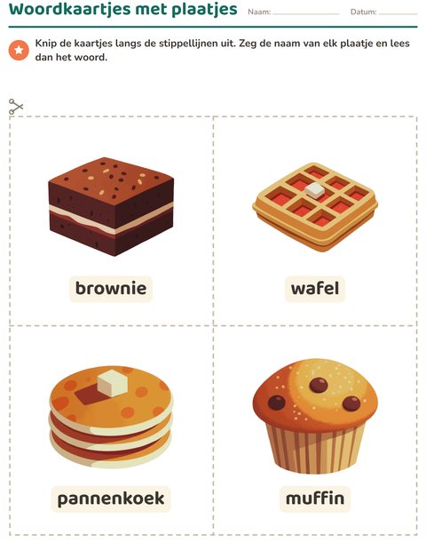 Voorbeeld van het Woordkaartjes-werkblad met Desserts en snoep voor kleuterklas