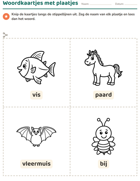 Voorbeeld van het Woordkaartjes-werkblad met Dieren ZW 3 voor kleuterklas